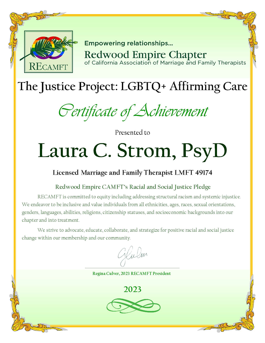 Laura Strom's Justice Project Certificate.