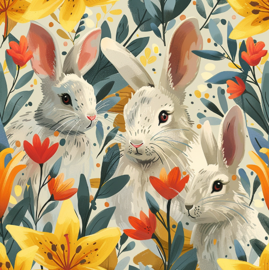 3 bunnies in flower field